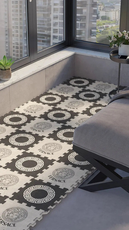 🔱 DECOZEYN Mitolojik Kafa ve Sonsuzluk Çerçeve Desenli Baskılı Puzzle Yapboz Zemin Halısı! Siyah, Açık Gri ve Beyaz Mutfak, Balkon ve Oturma Odası Decozeyn