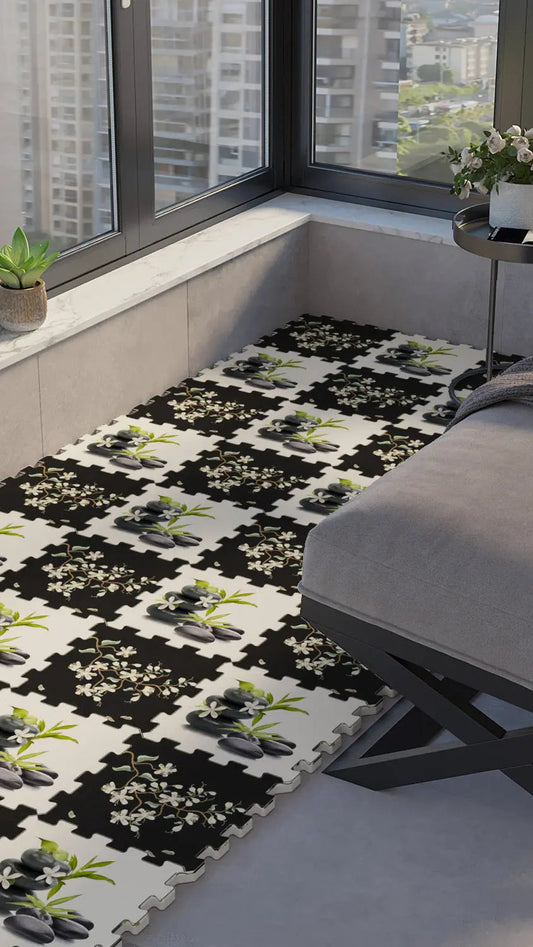 DECOZEYN Zen Taşları ve Çiçek Desenli Baskılı Puzzle Zemin Halısı! Siyah, Beyaz ve Yeşil Mutfak, Balkon ve Oturma Odası Decozeyn