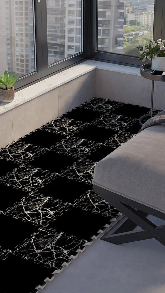 ⚫ DECOZEYN Dama Desenli Siyah Beyaz Mermer Çatlak Deseni Baskılı Puzzle Yapboz Zemin Halısı! Siyah ve Beyaz Mutfak, Balkon ve Oturma Odası Decozeyn