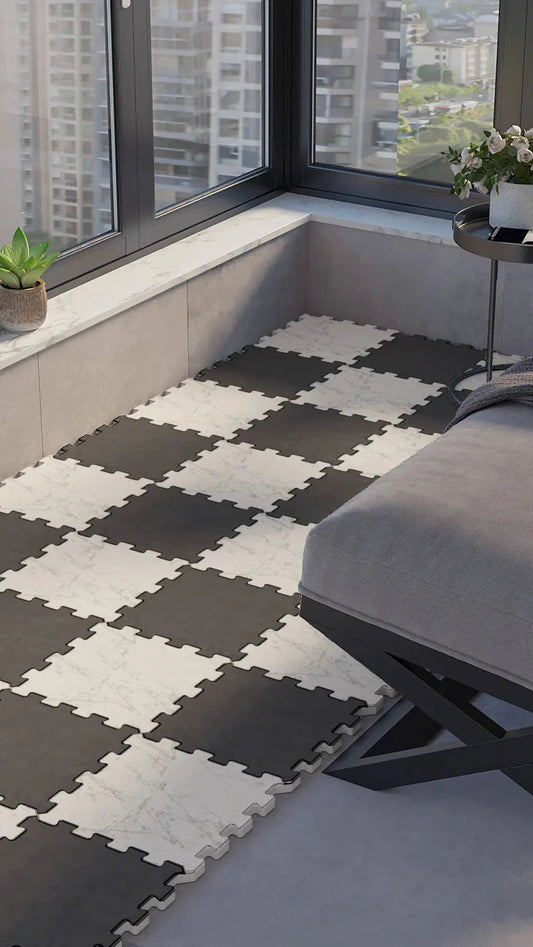 ⬜⬛ DECOZEYN Klasik Dama Desenli Füme ve Beyaz Mermer Görünümlü Baskılı Puzzle Yapboz Zemin Halısı! Mutfak, Balkon ve Oturma Odası Decozeyn