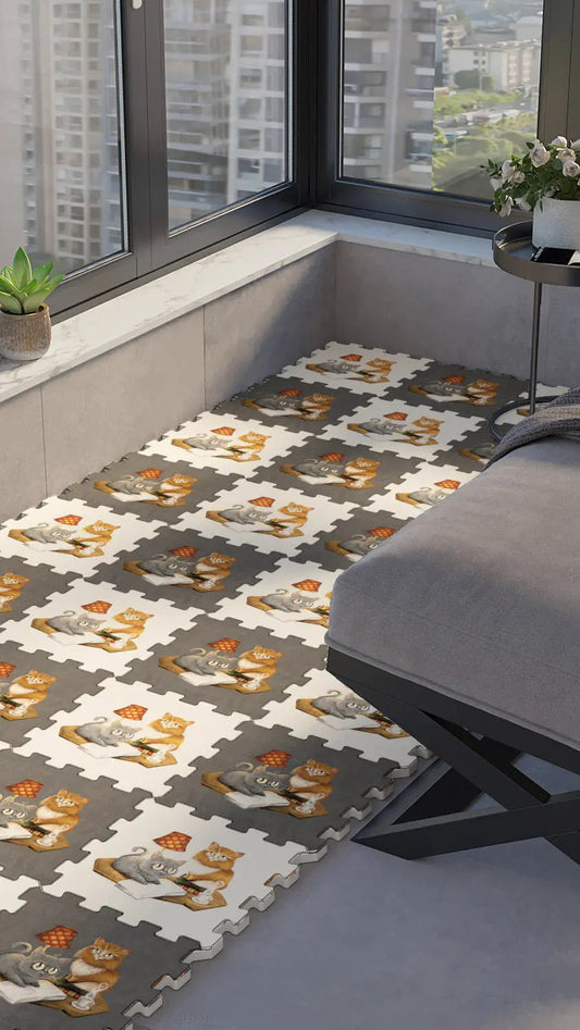 DECOZEYN Şapkalı Kediler ve Pizza Desenli Baskılı Puzzle Zemin Halısı! Gri, Beyaz, Kahverengi ve Turuncu Mutfak, Balkon ve Oturma Odası Decozeyn