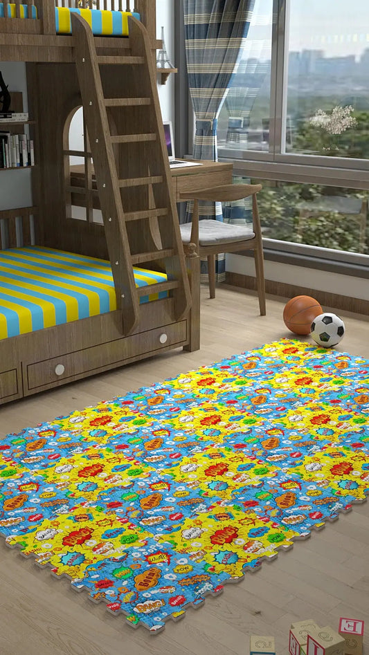 DECOZEYN Çizgi Roman Ses Efektli (BUM!, POW!) Baskılı Puzzle Yapboz Halı! Sarı & Mavi Çocuk Odası Decozeyn