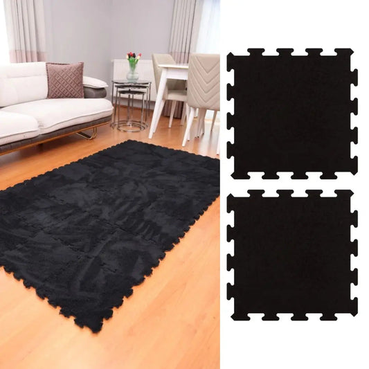 ⚫ DECOZEYN Siyah Rengi Lüks Pelüş Kadife Puzzle Halı | Yumuşak Doku, Modüler Yapı | Salon, Oturma Odası ve Yatak Odası Decozeyn