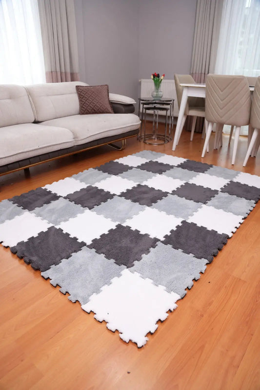 🌑 DECOZEYN 1 Metrekare Gri, Antrasit ve Beyaz Kombin Dama Desenli Lüks Pelüş Kadife Puzzle Halı | Modüler & Yıkanabilir | Salon, Yatak Odası Zemin Decozeyn