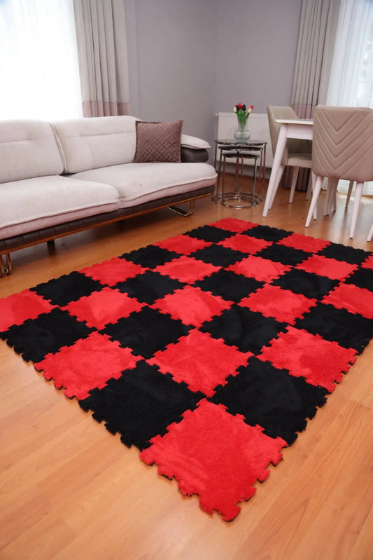 ⚫🔴 DECOZEYN 1 Metrekare Siyah ve Kırmızı Kombin Dama Desenli Lüks Pelüş Kadife Puzzle Halı | Modüler & Yıkanabilir | Salon, Yatak Odası Zemin Decozeyn